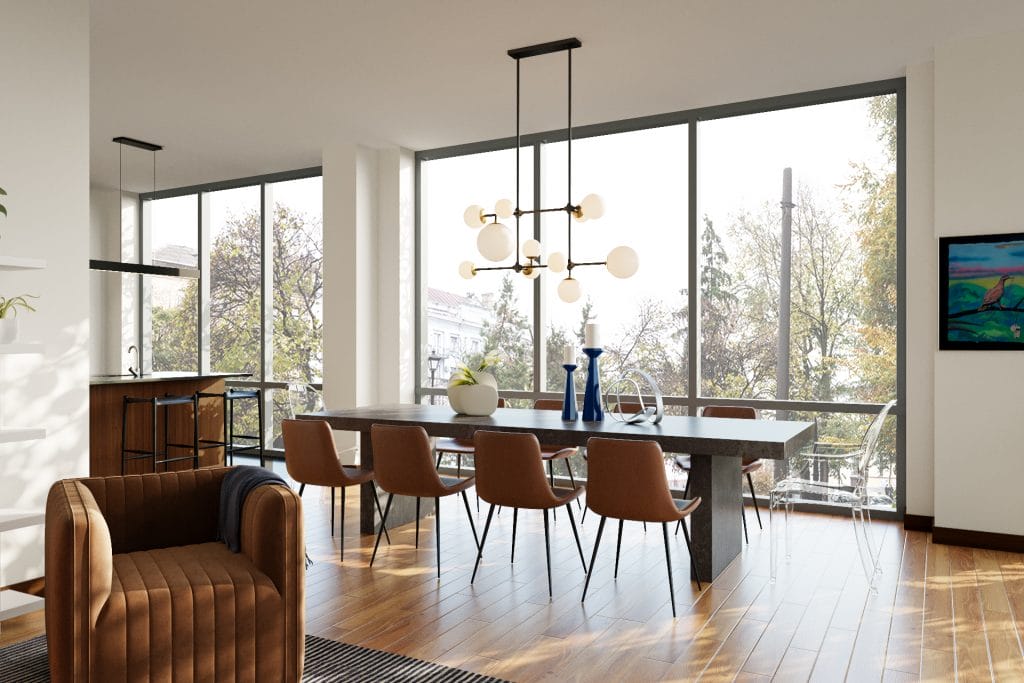 Modern layout with contemporary dining table and chairs by Decorilla