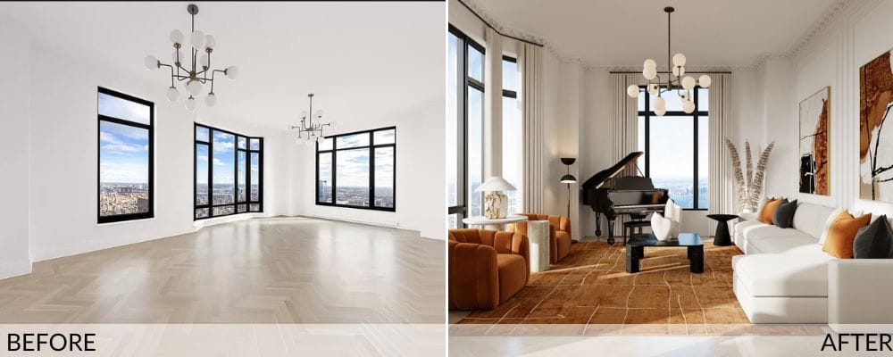 New York luxury condo before (left) and after (right) design by Decorilla
