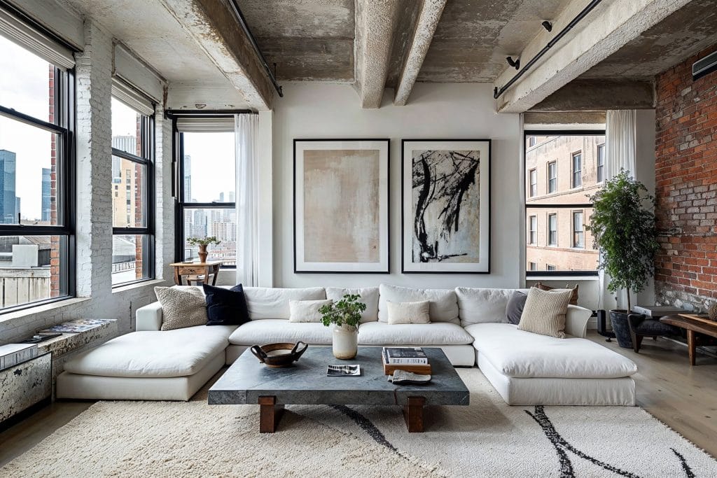 Rugged industrial loft interior with soft accents by Decorilla