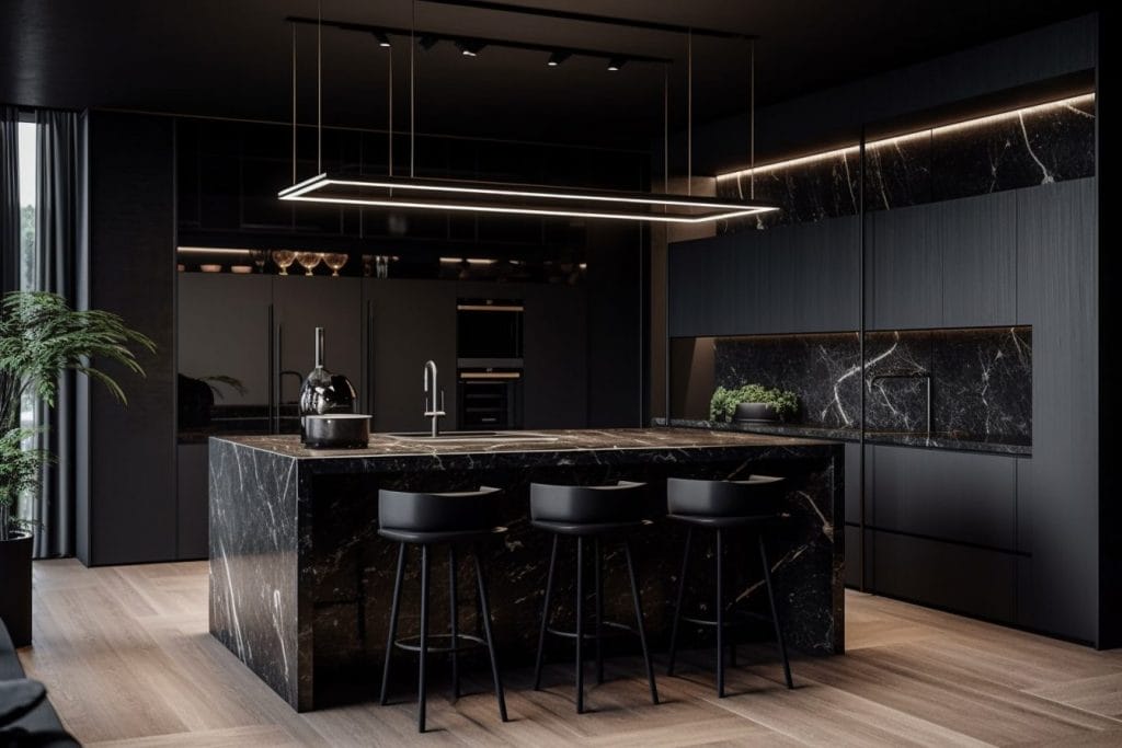 Black marble waterfall countertop in a moody masculine kitchen by Decorilla