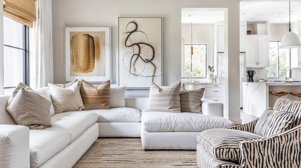 Clean lines in white color living rooms by Decorilla