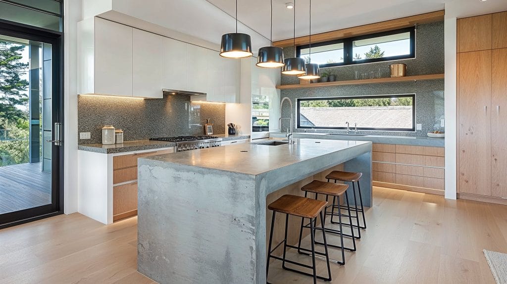 Concrete waterfall countertops in a kitchen by Decorilla