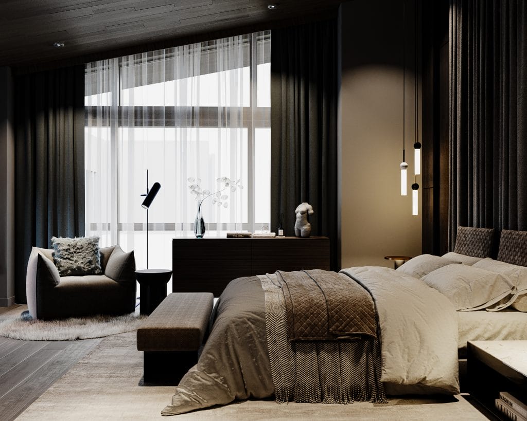 Elegant moody bedroom decor by Decorilla