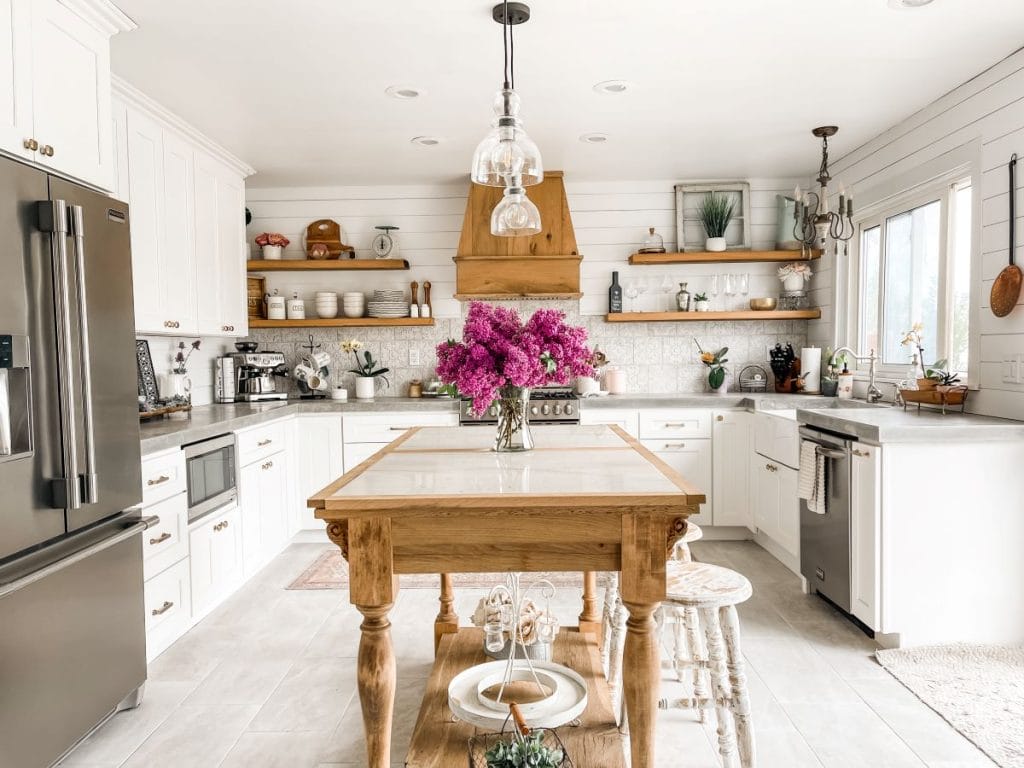 French provincial kitchen saving on reno costs with a portable island by Decorilla