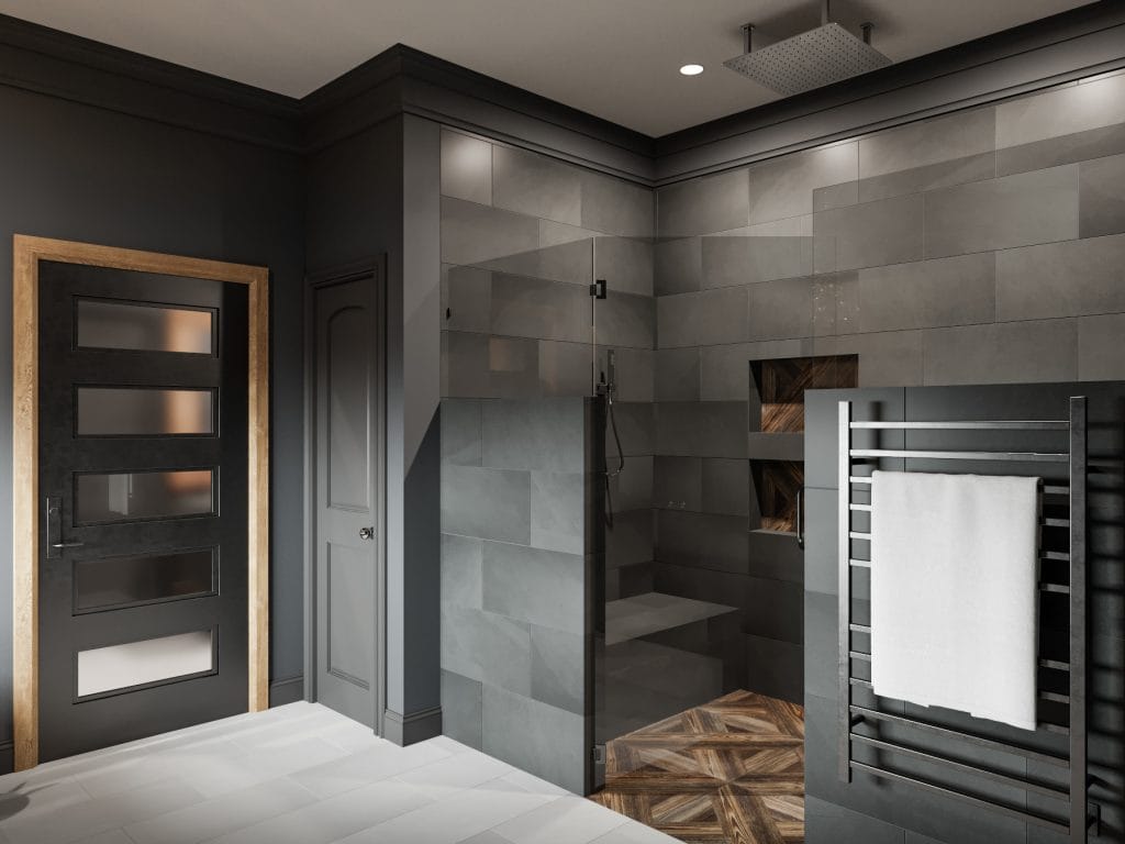 Moody bathroom shower cabin design by Decorilla