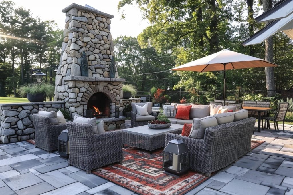 Rustic Outdoor Living Space with Fireplace by DECORILLA