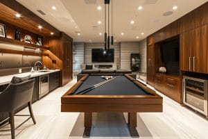 The opulence of luxury basement entertainment room by Decorilla