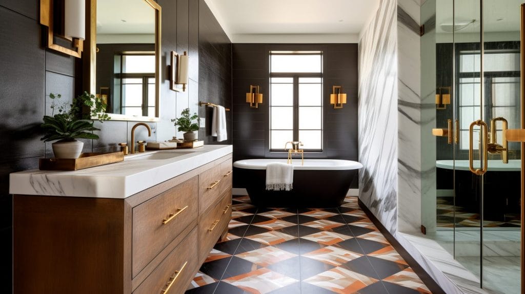 Warm vintage modern interior design of a bathroom by Decorilla