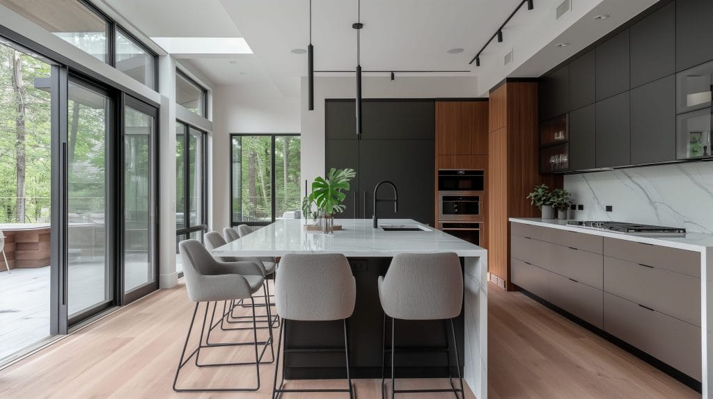 Waterfall countertops in a contemporary kitchen by Decorilla