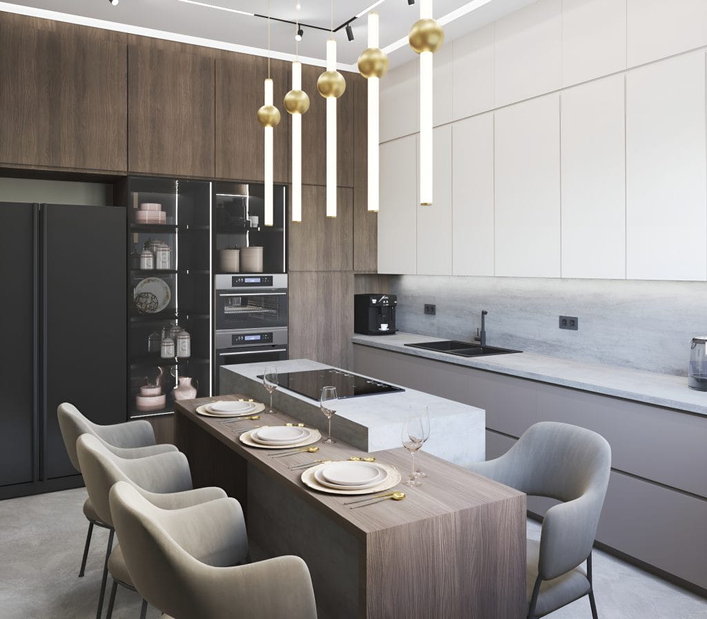 Wooden waterfall countertop doubling as a dining hub in a kitchen by Decorilla