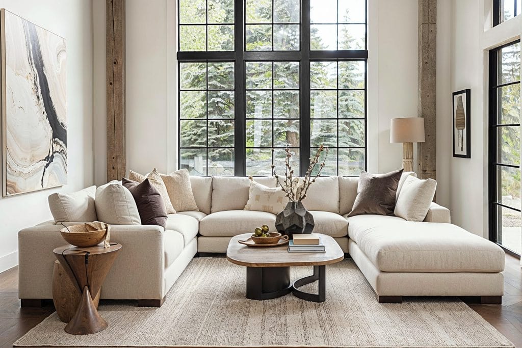 A serene neutral transitional living room with soft beige walls and sleek furniture by Decorilla