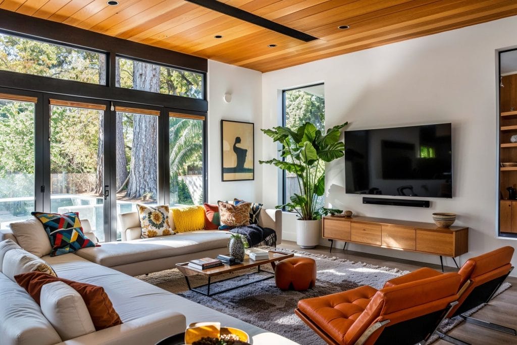 AI interior design living room in a midcentury modern style