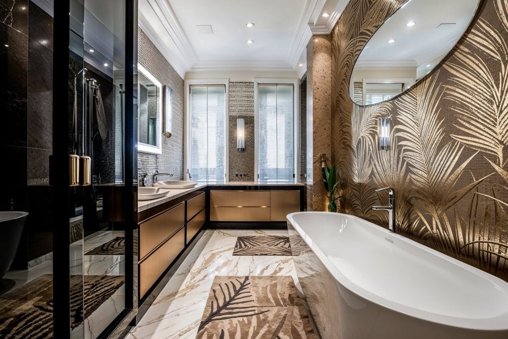 Beautiful luxury master bathroom layout with his and hers vanities by Decorilla