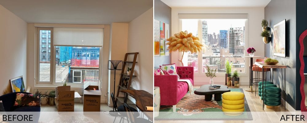 Before (left) and after (right) dopamine interior design by Decorilla