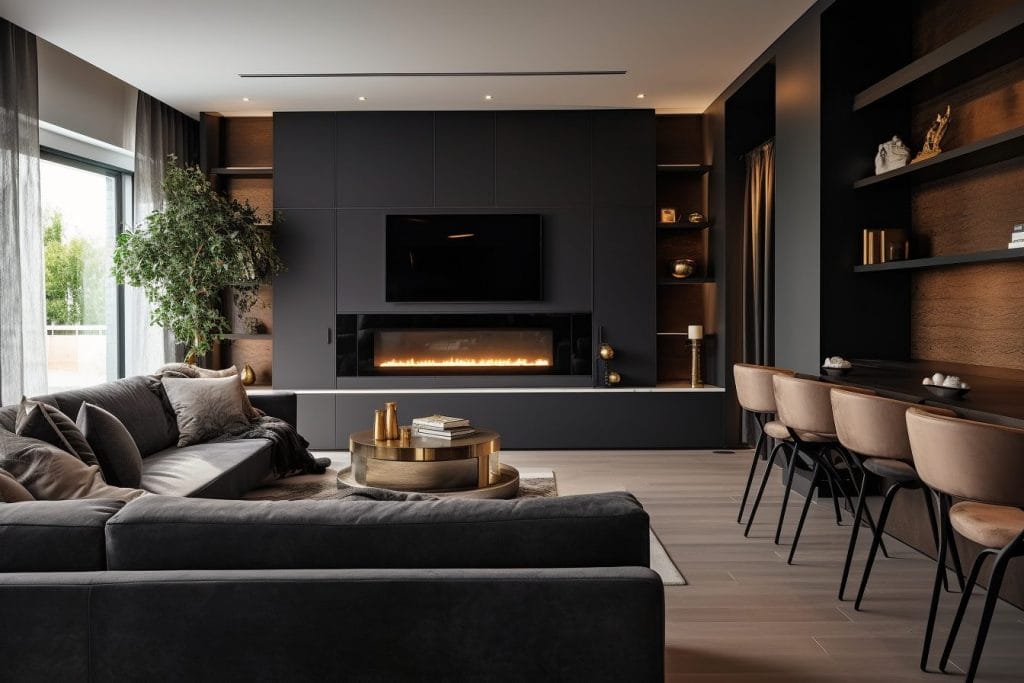 Black living room layout aligned with 2025 interior design trends by Decorilla