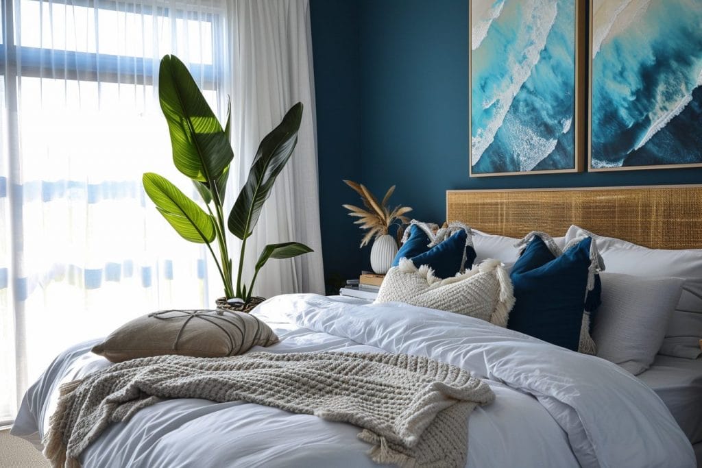 Coastal small bedroom configuration with blue accents by DECORILLA