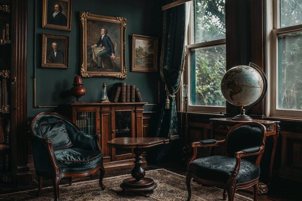 Cozy dark academia nook with rich, moody hues and antique globes, by Decorilla