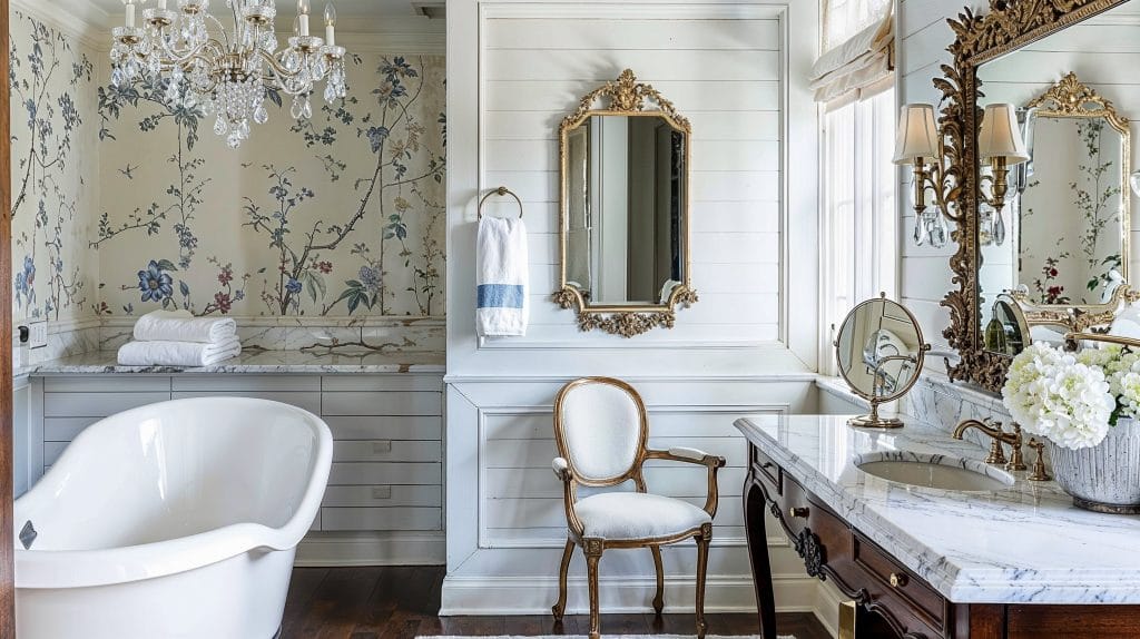 Elegant clawfoot tub in a serene, luxury master bath by Decorilla