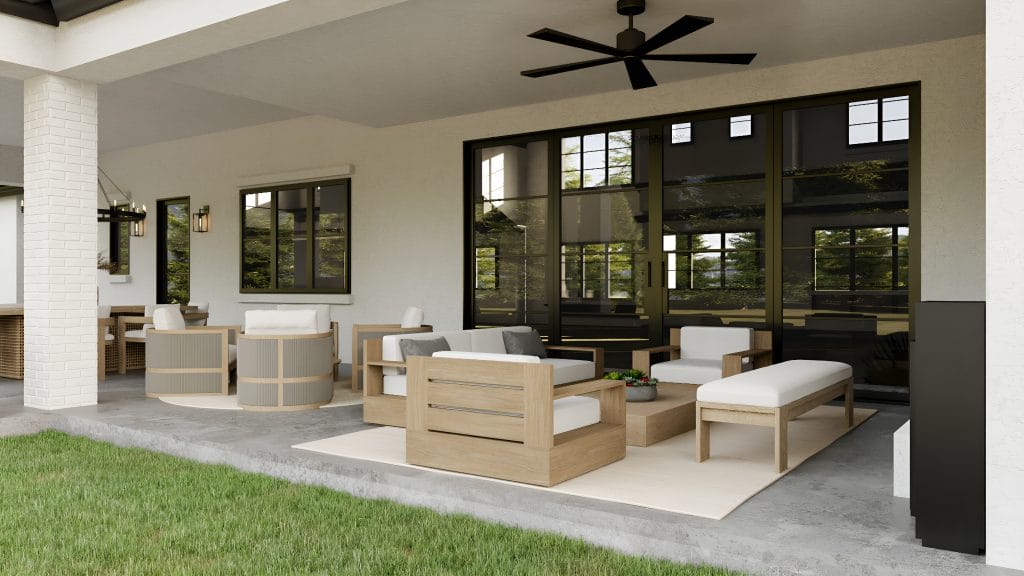 Inviting back patio design with a mix of functional elements by Decorilla