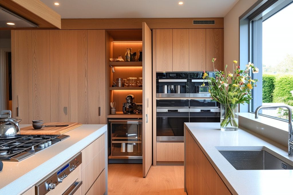 Island for a small kitchen featuring built-in stove and vertical storage by Decorilla