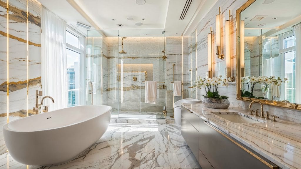 Lavish freestanding tub in a luxury marble-clad master bathroom by Decorilla