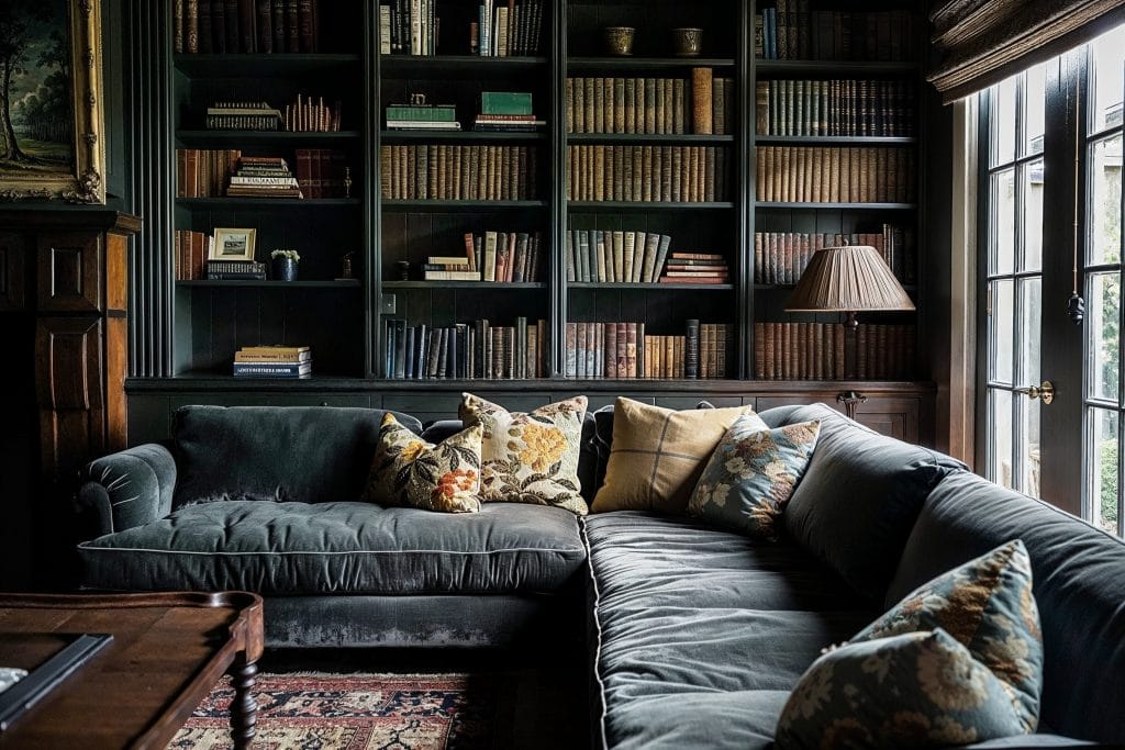 Living area with built-in library and brass accents, dark academia interior design by Decorilla