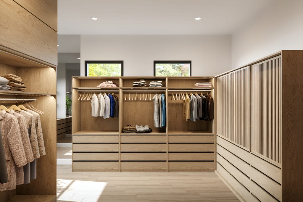 Master closet design with custom shelving by Decorilla