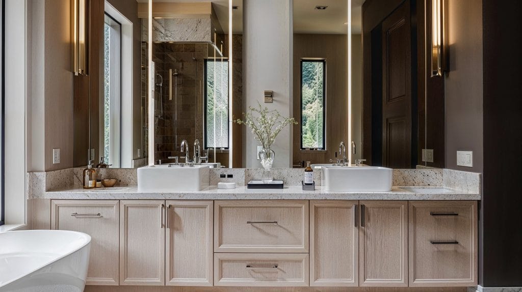 Minimalist elegant bathroom decor with dual vanities by DECORILLA