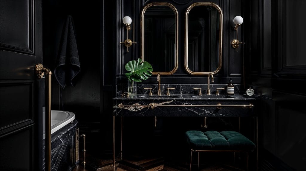 Modern dark academia bathroom interior design with sleek lines and nostalgic touches by Decorilla