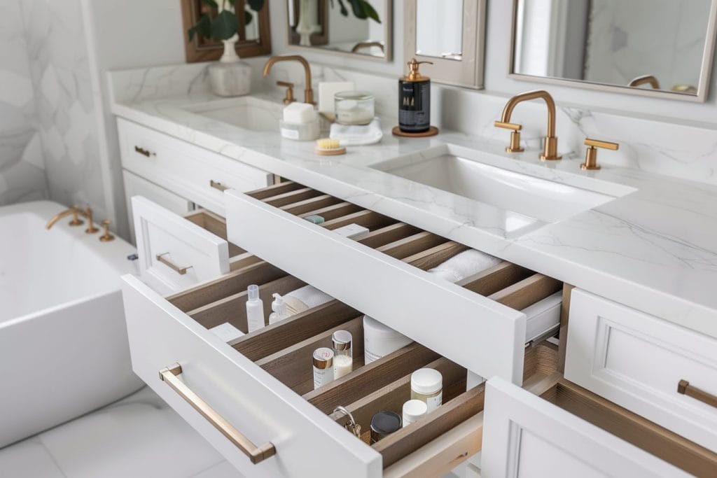 Modern elegant bathroom storage ideas by DECORILLA