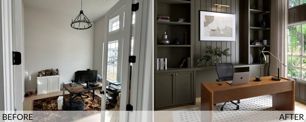 Modern home office before (left) and after (right) design by Decorilla