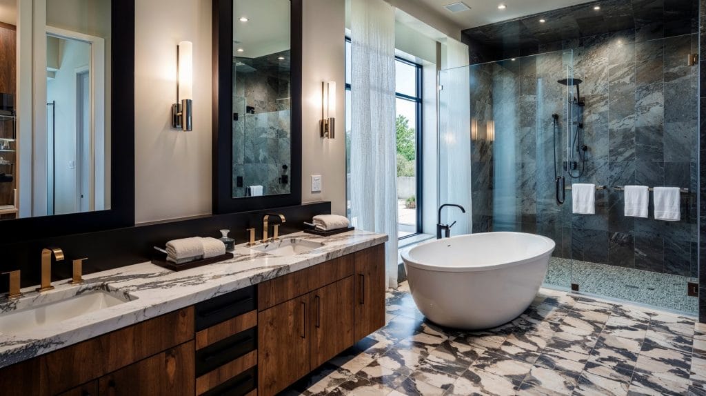 Modern luxury master bath with a frameless glass shower by Decorilla