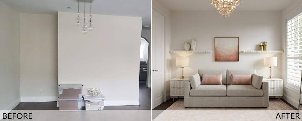 Modern townhouse guest room before and after design by Decorilla