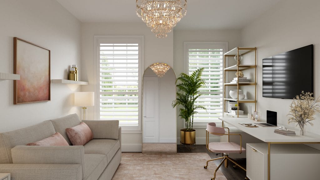 Modern townhouse interior in a home office-guest room designed by Decorilla