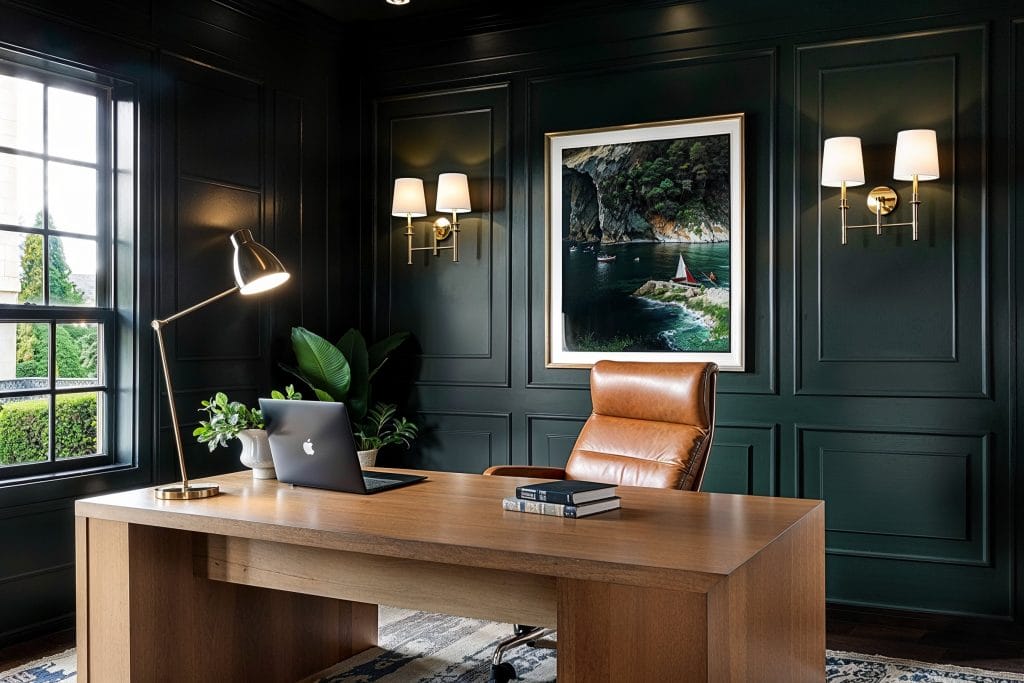 Modern yet timeless moody home office setup by Decorilla
