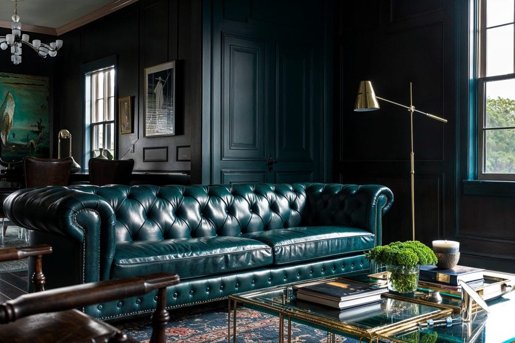 Sophisticated deep green living room showcasing dark academia style interior design by Decorilla