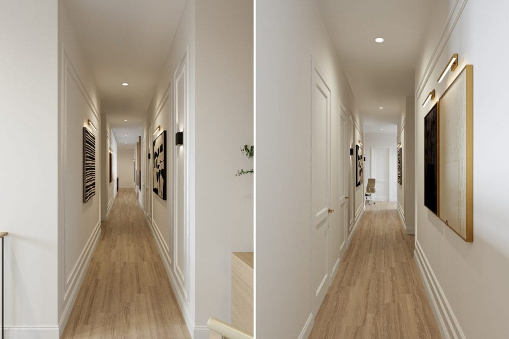Sophisticated hallway design with minimalistic artwork and ambient lighting by Decorilla
