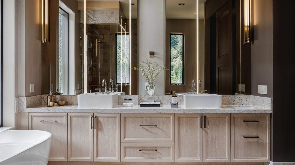 Spacious high-end master bathroom ideas featuring double vanities by Decorilla