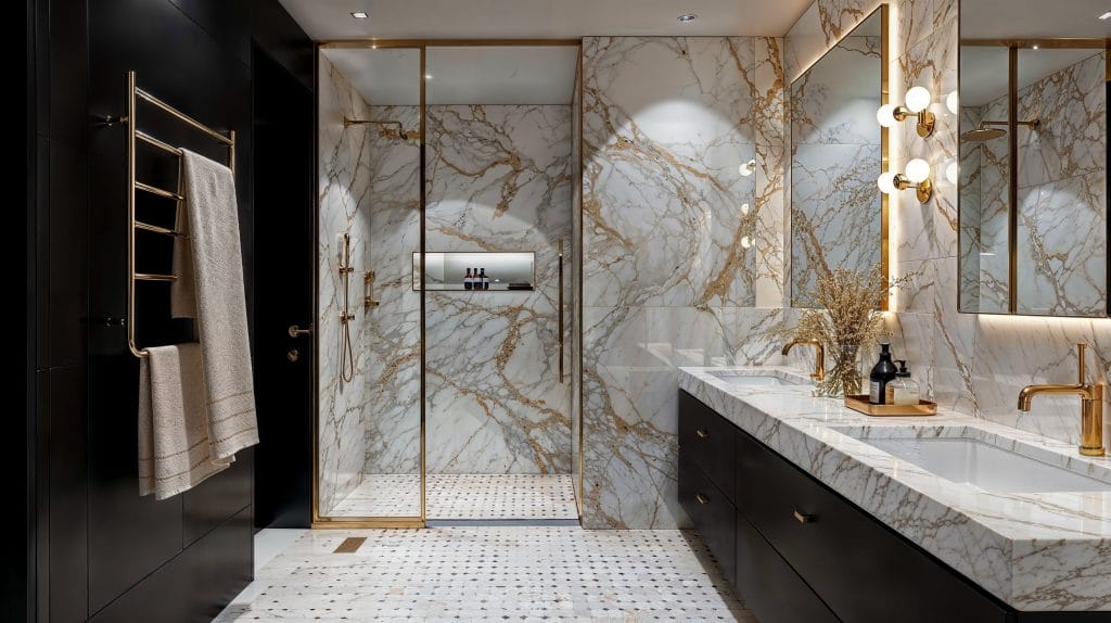 Spacious walk-in shower in a luxury modern master bathroom by Decorilla