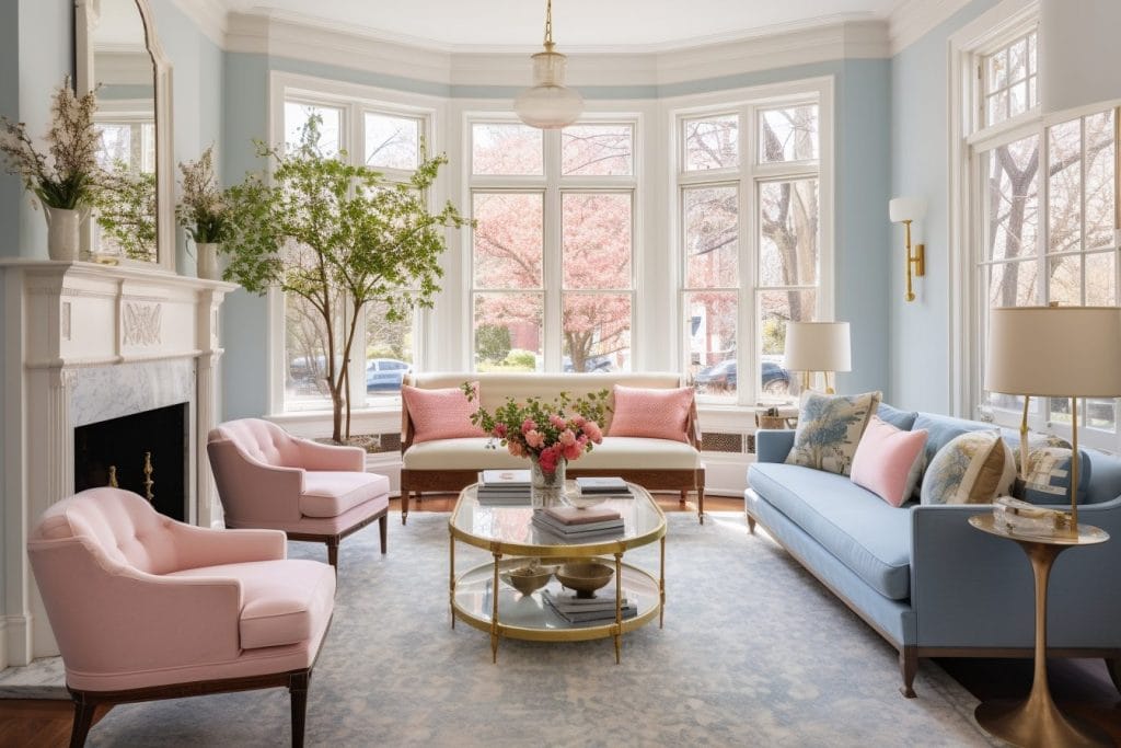 Stunning blue transitional living room with bold accents and soft textiles by Decorilla