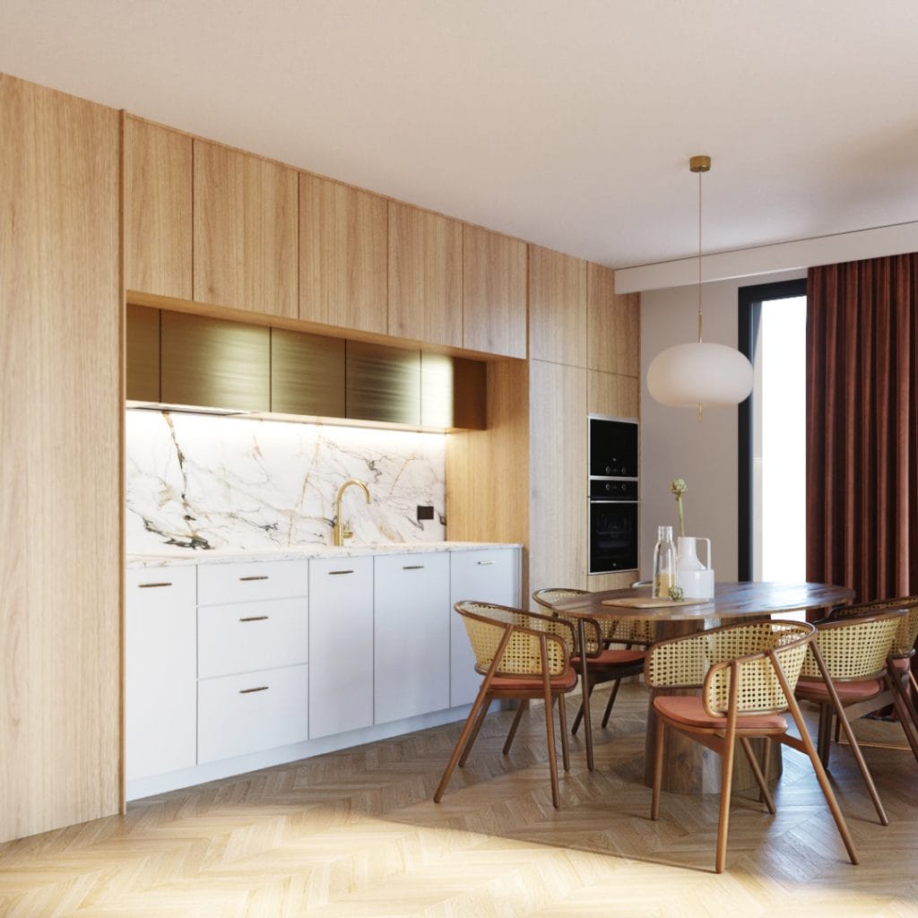 Tall cabinets and under-cabinet lighting in this compact minimalist kitchen by Decorilla