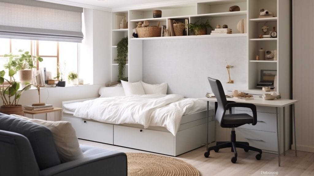 Transitional small bedroom with vertical storage by DECORILLA