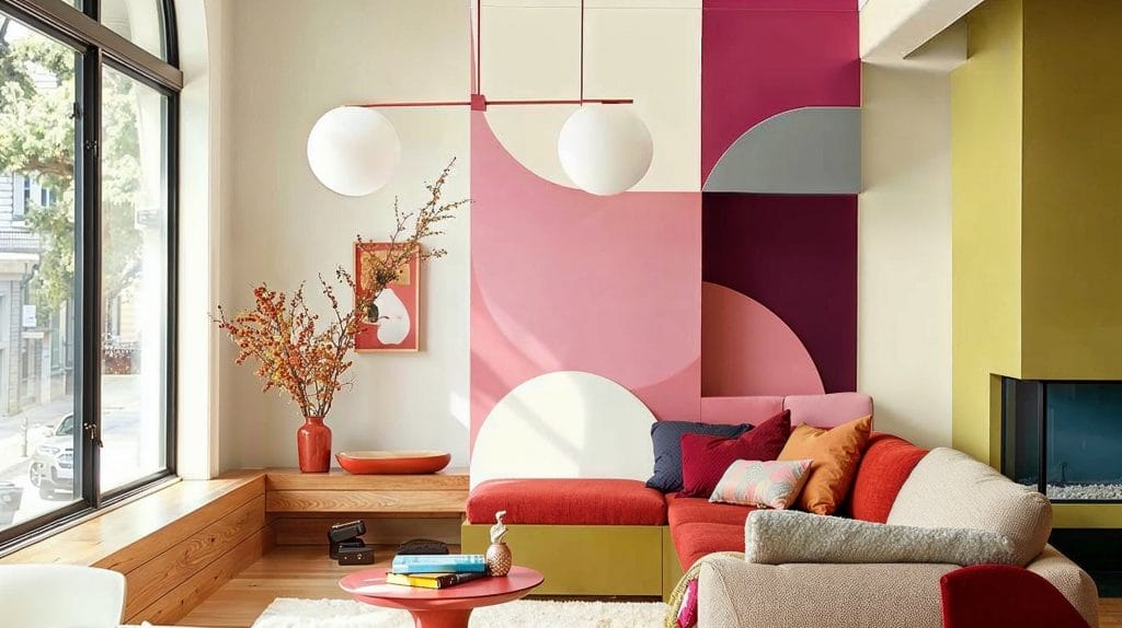 2025 living room trends featuring bold, colorful, geometric wall patterns designed by Decorilla