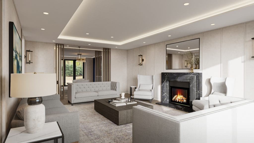 A chic luxurious living room interior with a modern fireplace, by Decorilla