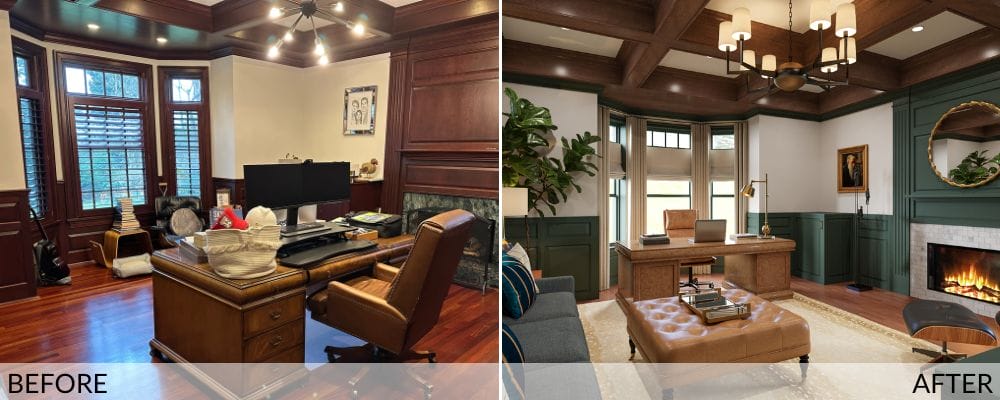 Classic home office before (left) and after (right) design by Decorilla