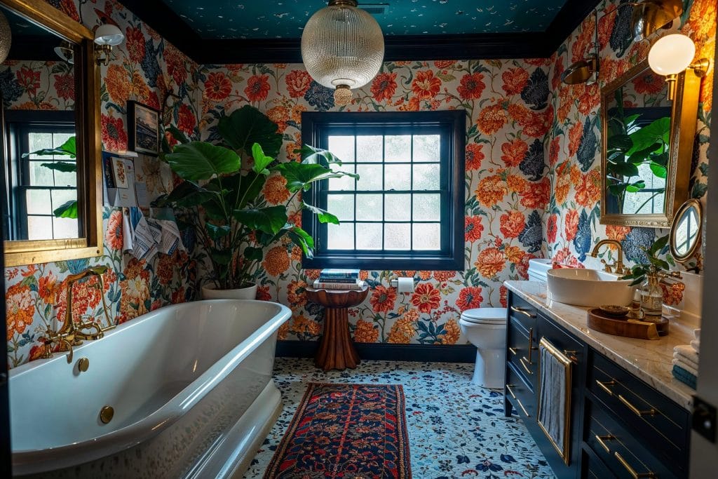 Eclectic bathroom designs 2025 with bold pattern wallpaper by DECORILLA