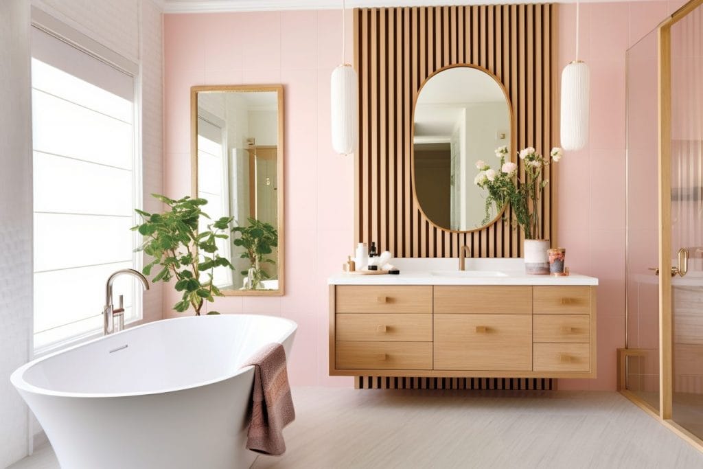 Elegant pastel pink bathroom colors 2025 by DECORILLA