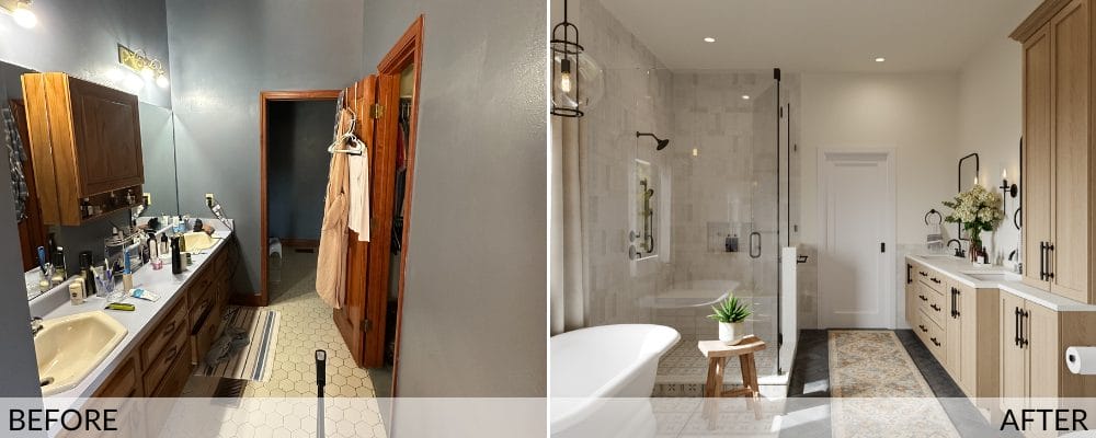 French cottage master bathroom interior before and after design by Decorilla