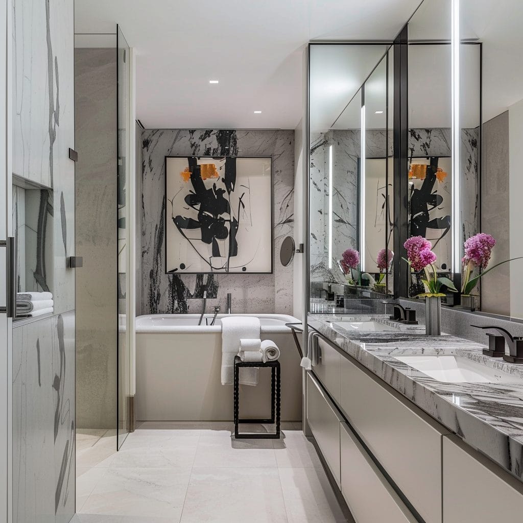 Glamorous bathroom with abstract art by DECORILLA