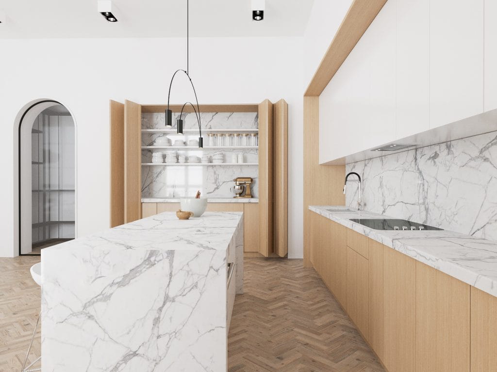 Minimalist kitchen redesign with clean lines showcasing the kitchen remodel cost estimator by Decorilla